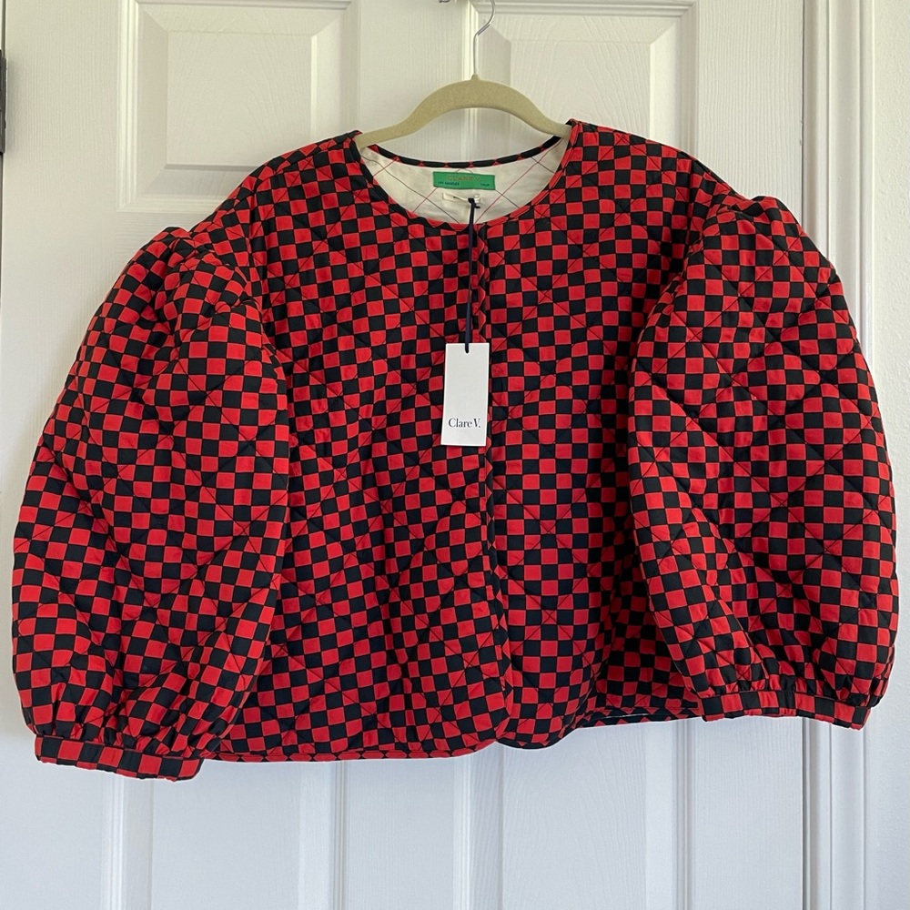 Clare V Le Petit Puff Quilted Reversible Cotton Checkered Jacket NWT